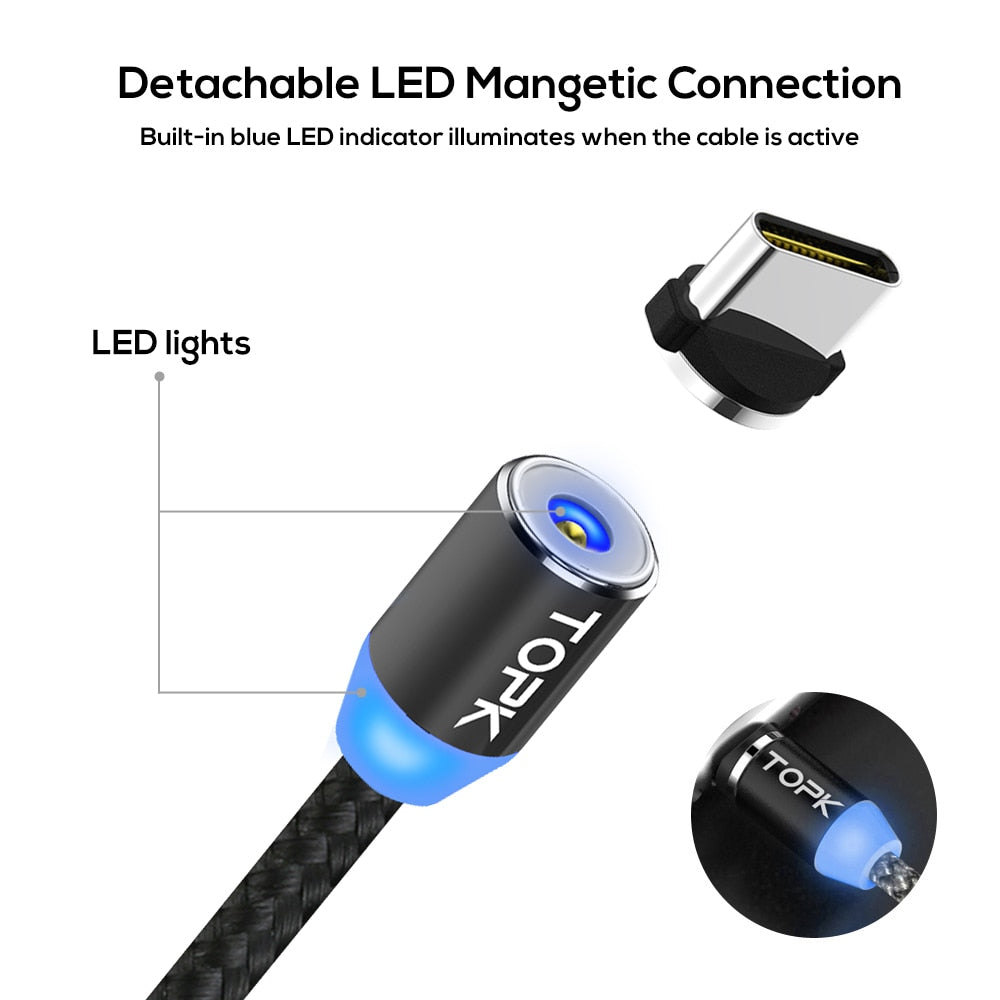 TOPK AM23 LED Magnetic Micro USB Type C Cable Data Mobile Phone Cables Charging Cord Fast Quick Charge Wire for iPhone Charger