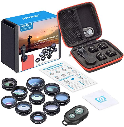 APEXEL Phone Camera Lens 10 in 1 Kit Wide Fisheye Telephoto Macro Lens With Remote Shutter for iPhone Samsung Most Smartphones.