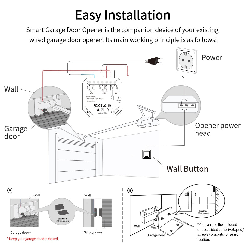 LoraTap Tuya Smart Life Garage Door Sensor Opener Controller WiFi Switch Alexa Echo Google Home DIY Smart Home App Alert No Hub.