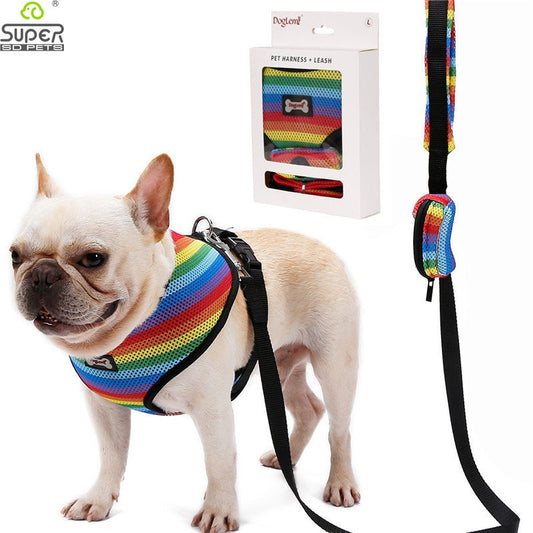 Dog Harness Leash Set with Poop Bag Soft Breathable Rainbow Mesh French Bulldog Vest Adjustable Jogging Pet Leash Harness SP