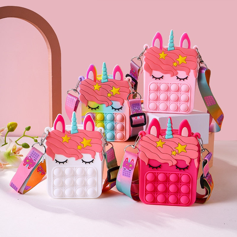 New Cute Unicorn Pop Dimple Messenger Bag Fidget Toy Push Anti Stress Children Toy Popites Keychain Wallet Girl Crossbody Pack.