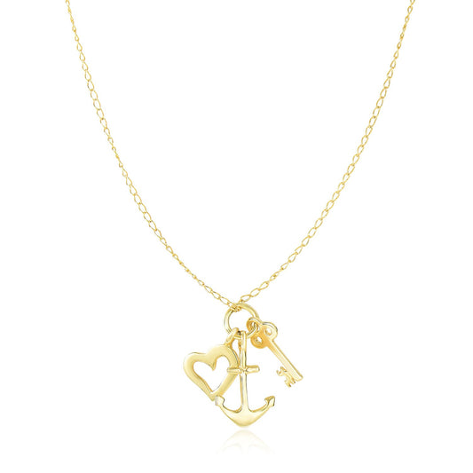 14k Yellow Gold Anchor, Heart, and Skeleton Key Cluster Charm Necklace