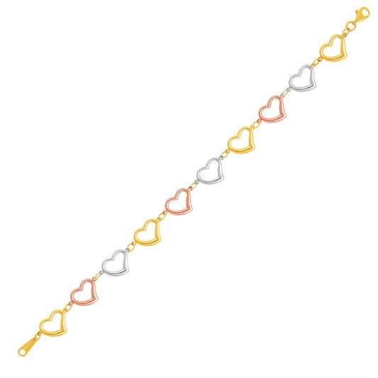 14k Three-Toned Yellow, White, and Rose Gold Open Heart Bracelet
