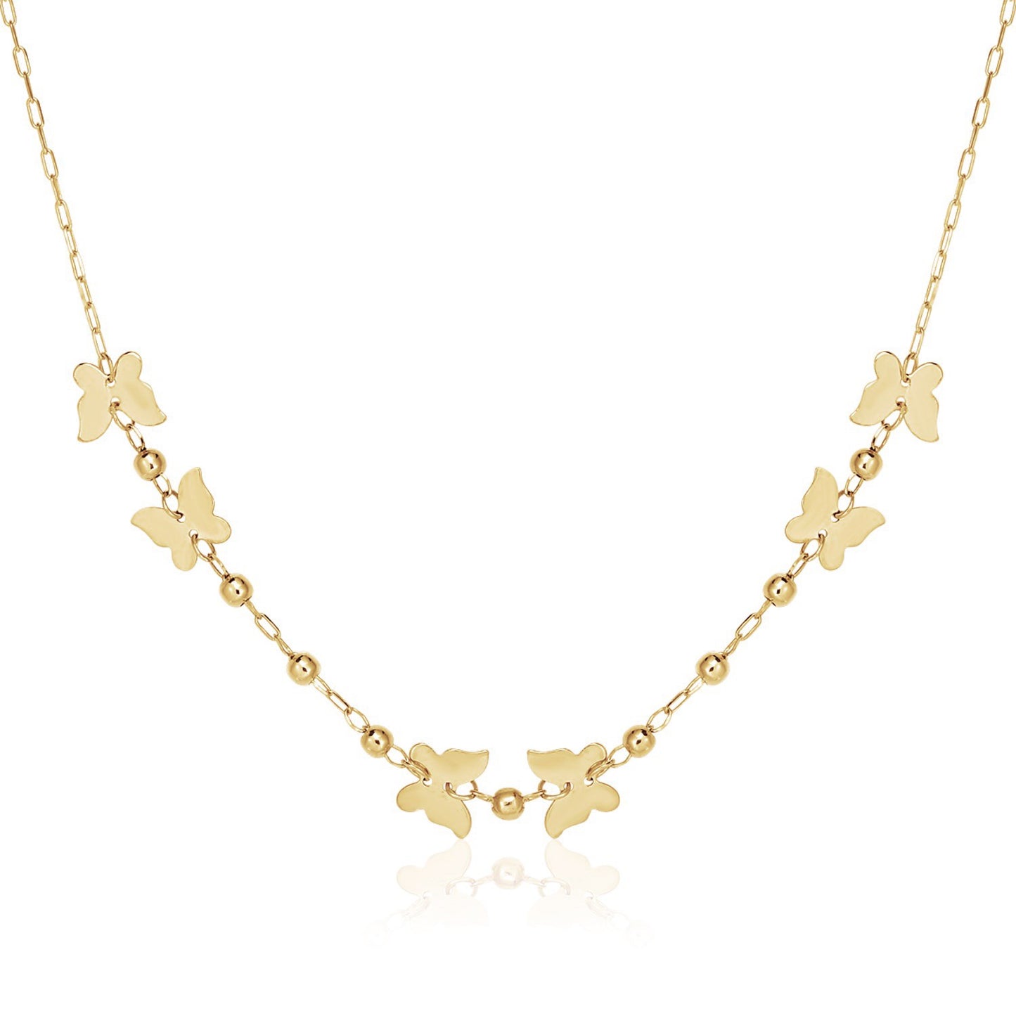 14k Yellow Gold 18 inch Necklace with Polished Butterflies and Beads