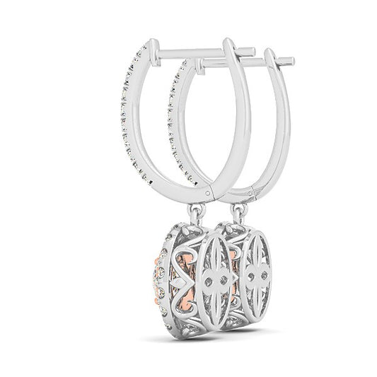 14k White And Rose Gold Drop Diamond Earrings with a Halo Design (3-4 cttw)
