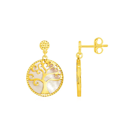 14k Yellow Gold and Mother of Pearl Tree of Life Earrings