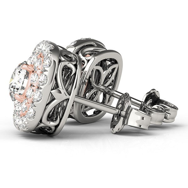 14k White and Rose Gold Cushion Shape Halo Diamond Earrings (3-4 cttw)