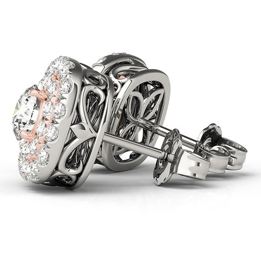 14k White and Rose Gold Cushion Shape Halo Diamond Earrings (3-4 cttw)