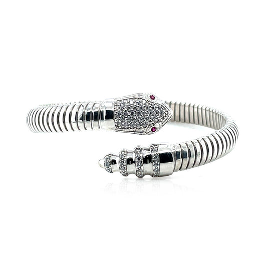 Sterling Silver Python Bypass Cuff Bangle with White and Pink Cubic Zirconias