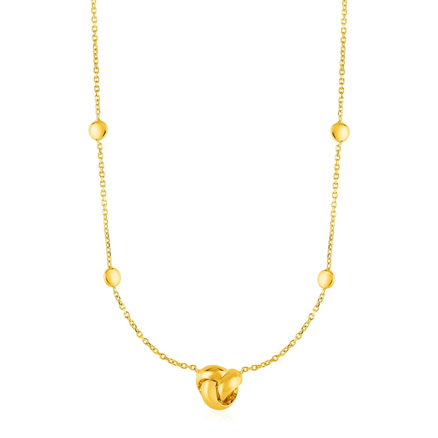 Station Necklace with Love Knot and Round Beads in 14k Yellow Gold
