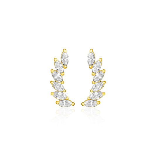 14k Yellow Gold Leaf Motif Climber Post Earrings with Marquise Cubic Zirconias
