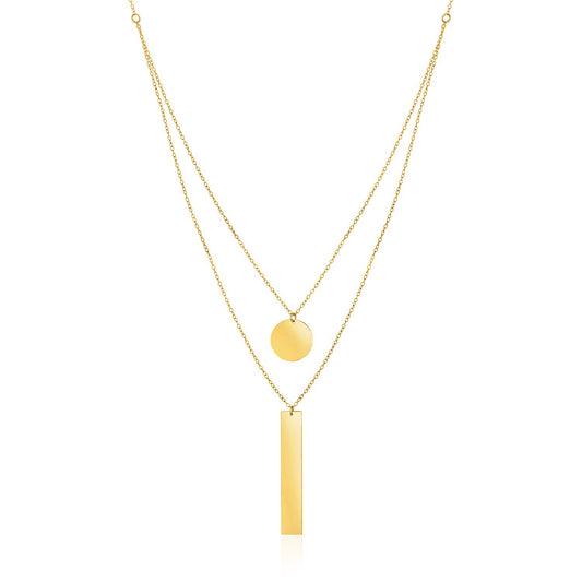 14k Yellow Gold 18 inch Two Strand Necklace with Circle and Bar Pendants