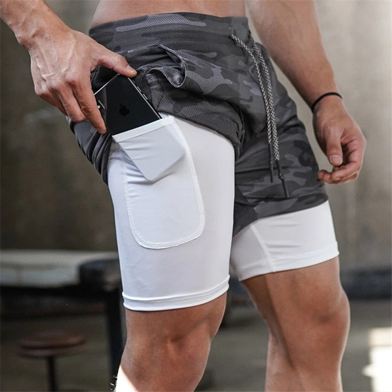 2021 New Casual Shorts men Summer Mens Shorts 2 in 1 High Elastic Gyms Fitness Short Pants