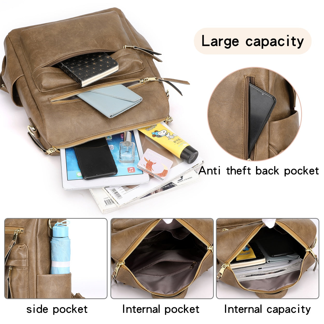 Retro Large capacity Backpack Women PU Leather Rucksack Women's Knapsack Travel Backpacks Shoulder School Bags Mochila Back Pack