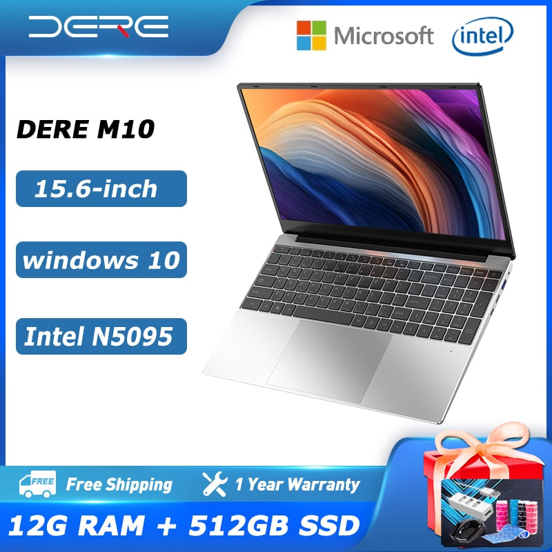 Dere Laptop MBook M10 15.6-inch Intel Celeron N5095 12G RAM 512GB SSD Dual band WiFi Gaming Laptop Portable Windows 10 Notebook.
