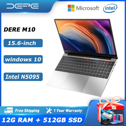 Dere Laptop MBook M10 15.6-inch Intel Celeron N5095 12G RAM 512GB SSD Dual band WiFi Gaming Laptop Portable Windows 10 Notebook.