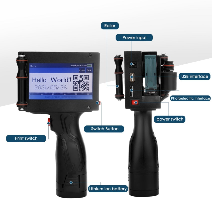 Handheld Inkjet Printer QR Bar Batch Code Date Number Logo Expiry Date Label Hand Jet Thermal Inkjet Printer + Ink Cartridge