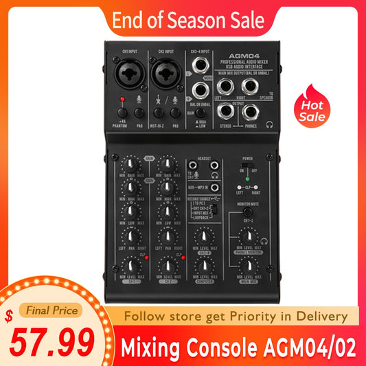 ammoon Digital Audio Mixer professional Mixing Console Mini 4-Channel 2-band EQ Built-in 48V Phantom Power 5V USB Powered mixer