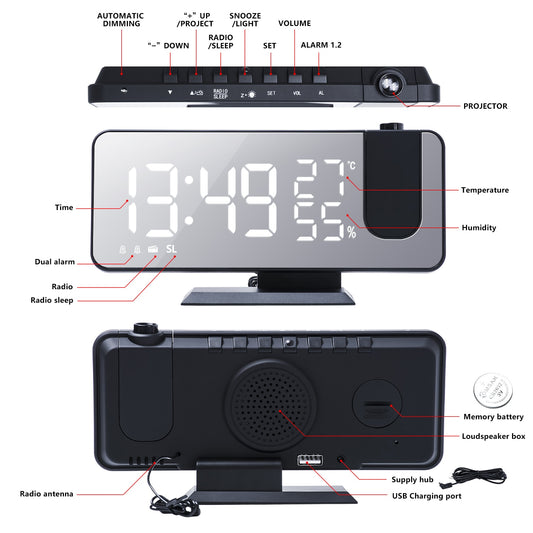 FM Radio LED Digital Smart Alarm Clock Watch Table Electronic Desktop Clocks USB Wake Up Clock with 180° Time Projector Snooze.