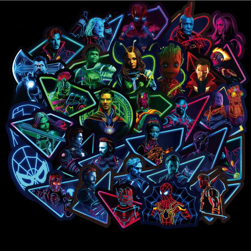 Neon Super Avengers Marvel Sticker Skateboard Motorcycle Luggage Stickers For Laptop Set Pvc Waterproof Superhero pegatinas.