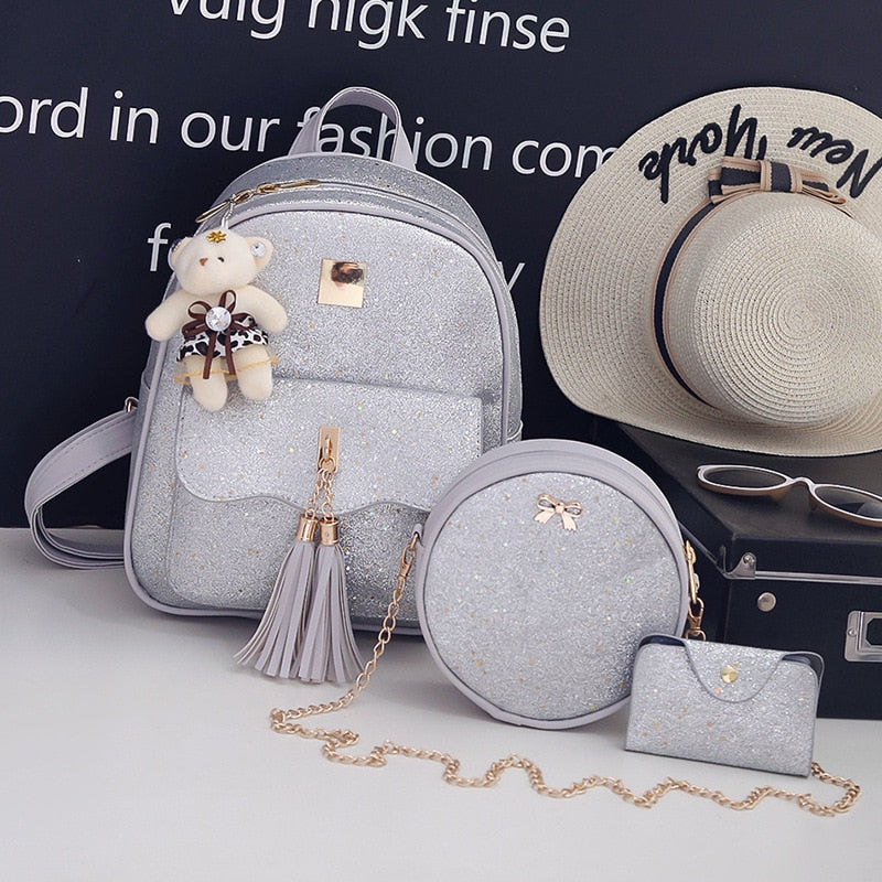High Quality Women Pu Leather Backpacks Fashion 3 Pieces Set School Bags for Teenager Girls Casual Female Travel Laptop Backpack.