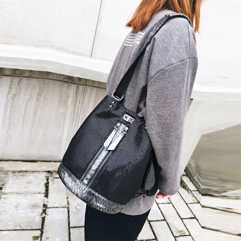New Fashion Sequins Leather Laptop Backpack Women Female Personality Lock Anti Theft Bagpack Travel Mochila Feminina  Back Pack