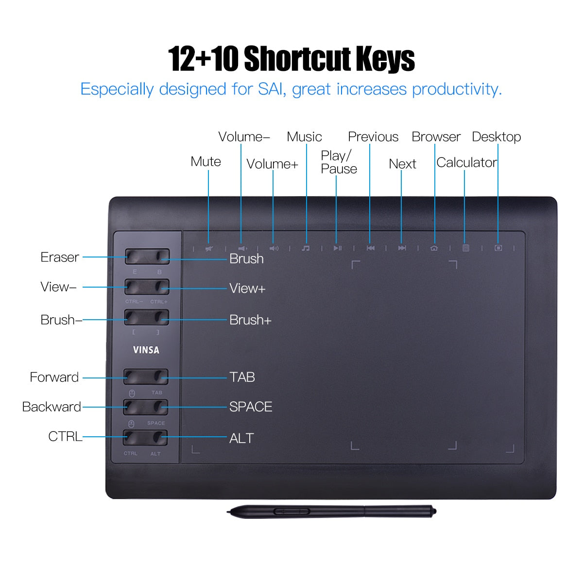 10x6" Professional Graphics Drawing Tablet 12 Express Keys 8192 Levels Battery-Free Stylus/8pcs Nibs/Pen Clip Support PC/Laptop