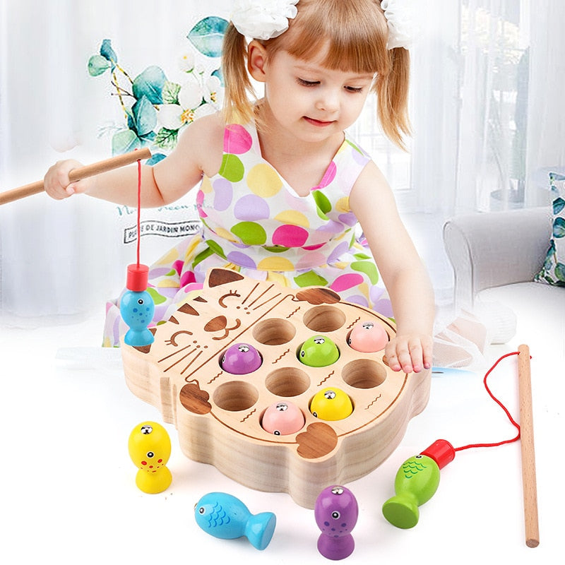 Kids Wooden Montessori Toys Magnetic Kitten Fishing Toys Game Baby Early Educational Puzzle Toys for Children Outdoor Play Set