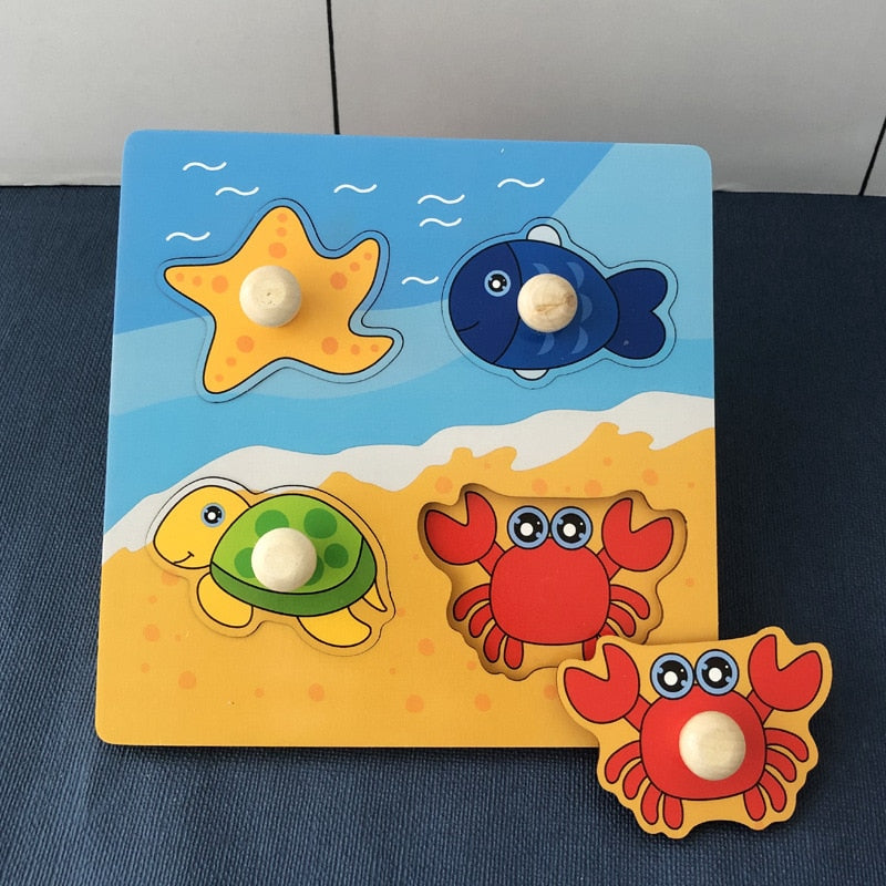 Kids Hand Grab Board 3D Puzzle Wooden Toys for Children Cartoon Animal Wood Jigsaw Toddler Baby Early Educational Learning Toy