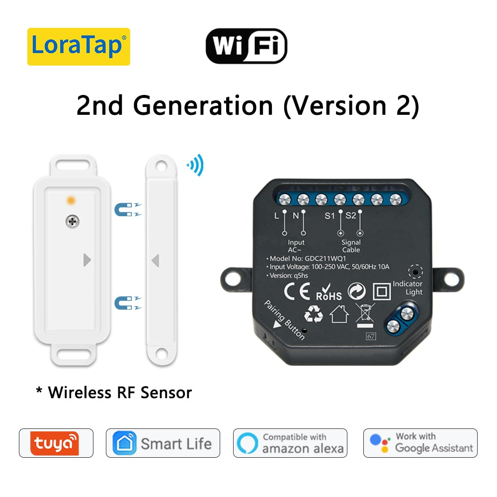 LoraTap Tuya Smart Life Garage Door Sensor Opener Controller WiFi Switch Alexa Echo Google Home DIY Smart Home App Alert No Hub.