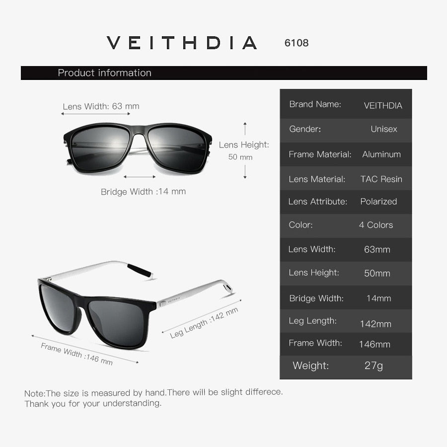 VEITHDIA Brand Unisex Retro Aluminum+TR90 Square Polarized Sunglasses Lens Vintage Eyewear Accessories Sun Glasses For Men/Women.