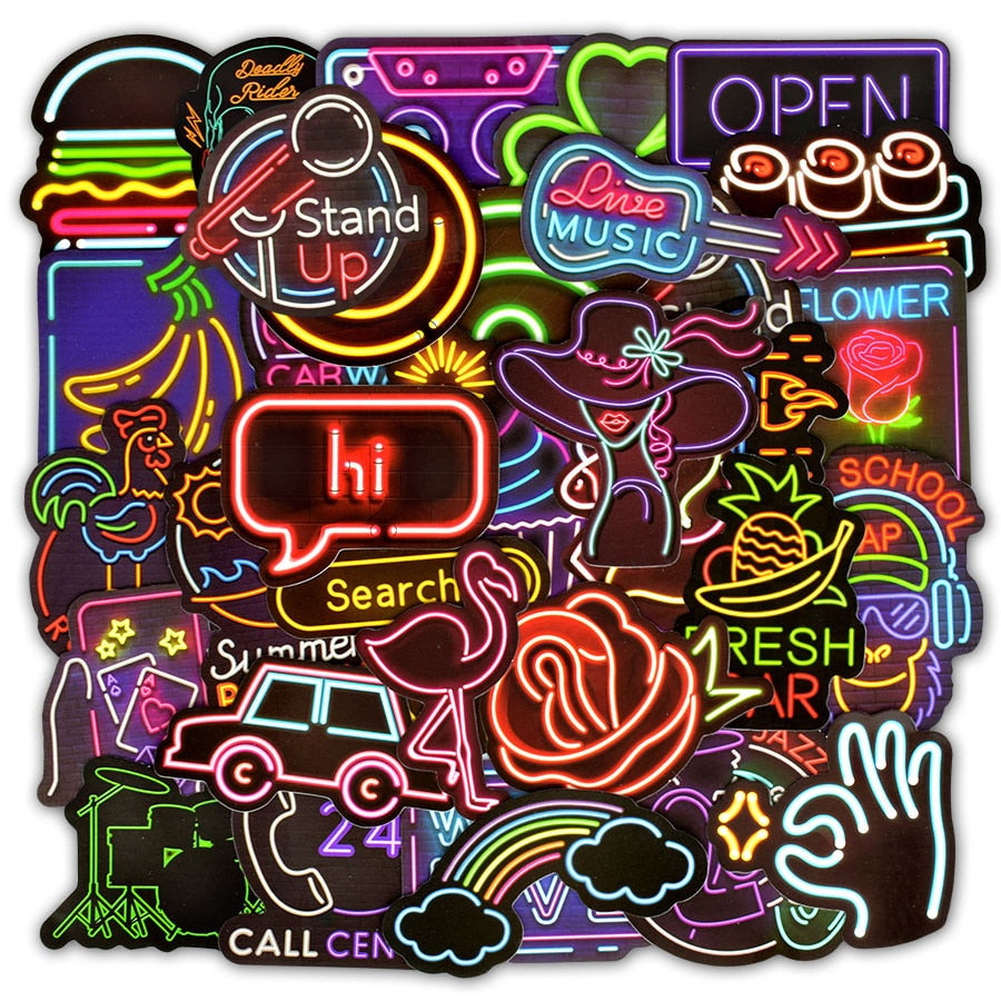 50 PCS Neon Light Sticker Gifts Toys for Children Anime Animal Cute Decals Stickers to Laptop Phone Suitcase Guitar Fridge Car.