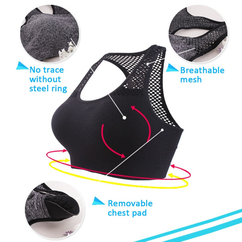 Sports Bra Women Yoga Running Workout Mesh Breathable Medium Supports Fitness Activity Bras Quick-Dry Compression Women Bras