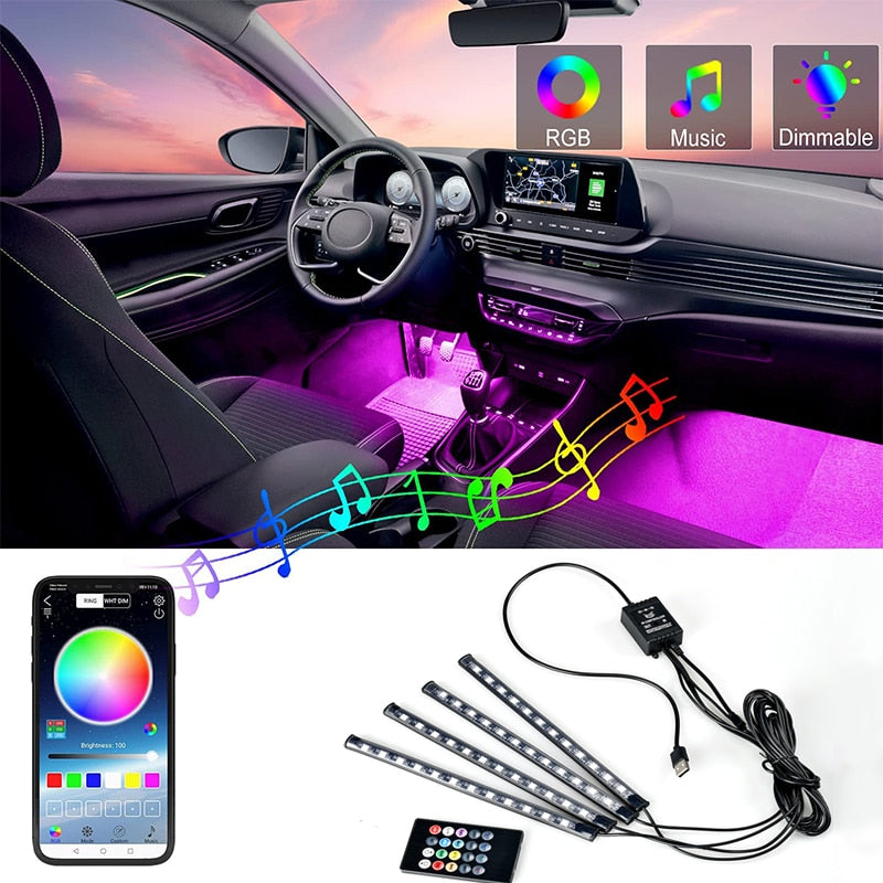 12 LED Car Interior Floor foot Lamp AUTO Decoration Light With USB Multiple Modes Car Styling Atmosphere RGB Neon Lamp Strips.