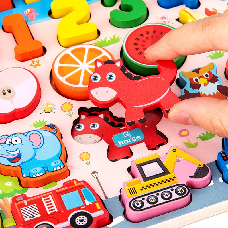 Montessori Wooden Educational Toys Fruit Digital Animal Traffic Figure Matching Puzzle Preschool Busy Board Educational Kids Toy