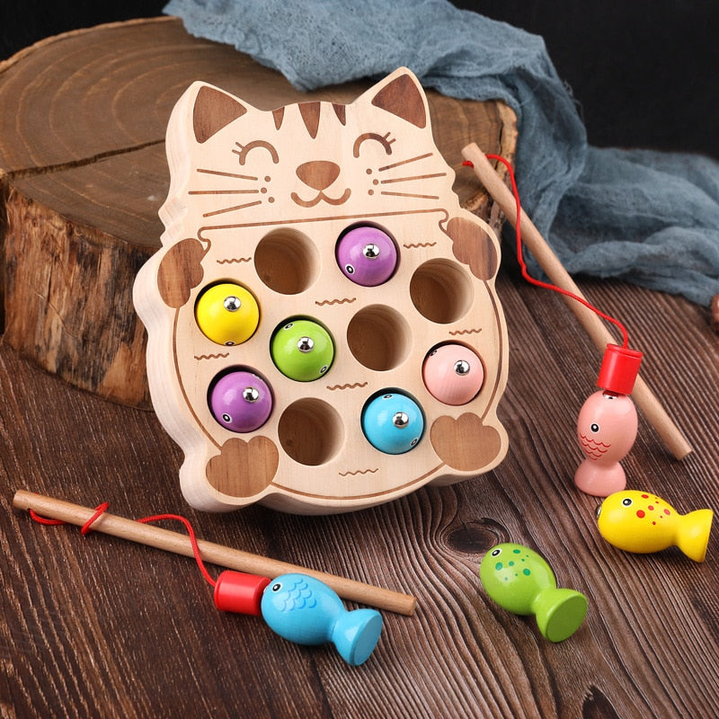 Kids Wooden Montessori Toys Magnetic Kitten Fishing Toys Game Baby Early Educational Puzzle Toys for Children Outdoor Play Set