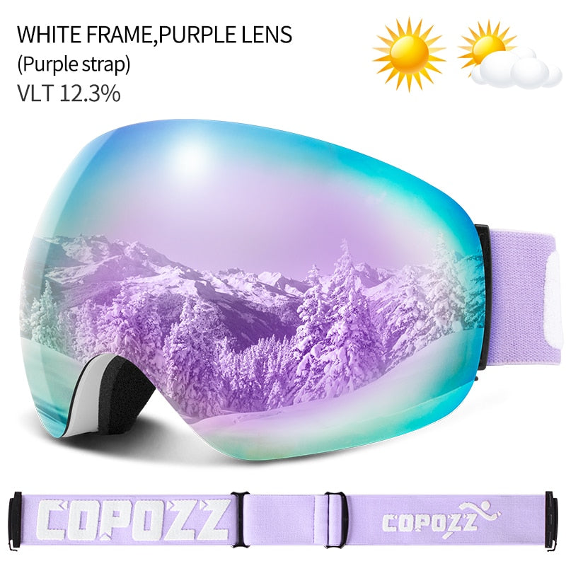 COPOZZ Anti-Fog Ski Goggles Spherical Frameless Ski Snowboard Snow Goggles 100% UV400 Protection Anti-Slip Strap for Men Women