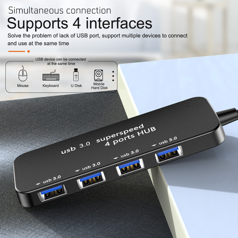 Ultra-thin 4-port USB 3.0 HUB High Speed Indicator Light USB Hub For Multi-device Computer Laptop Desktop PC Adapter USB 3.0 HUB