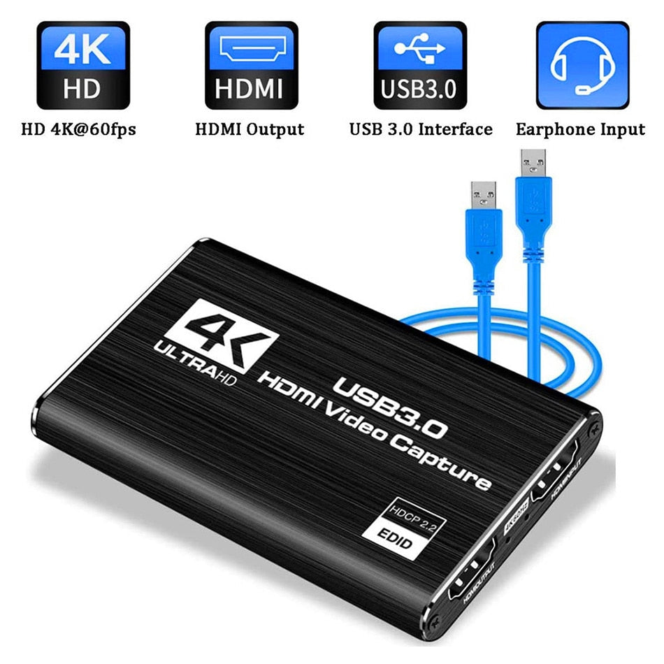 4K HDMI to USB 3.0 HD Video Audio Game Capture Card Device for 1080P 60FPS TV Box Camera Live Streaming PS4 Game Box Recorder.