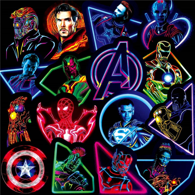 Neon Super Avengers Marvel Sticker Skateboard Motorcycle Luggage Stickers For Laptop Set Pvc Waterproof Superhero pegatinas.