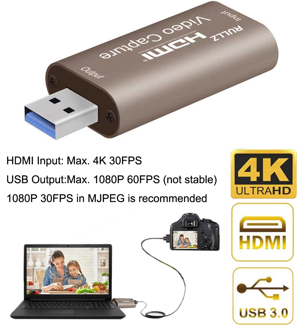 4K Video Capture Card USB 3.0 2.0 HD 1080p HDMI Video Grabber Box for PS4 DVD Camcorder Camera Recording Live Streaming Device.