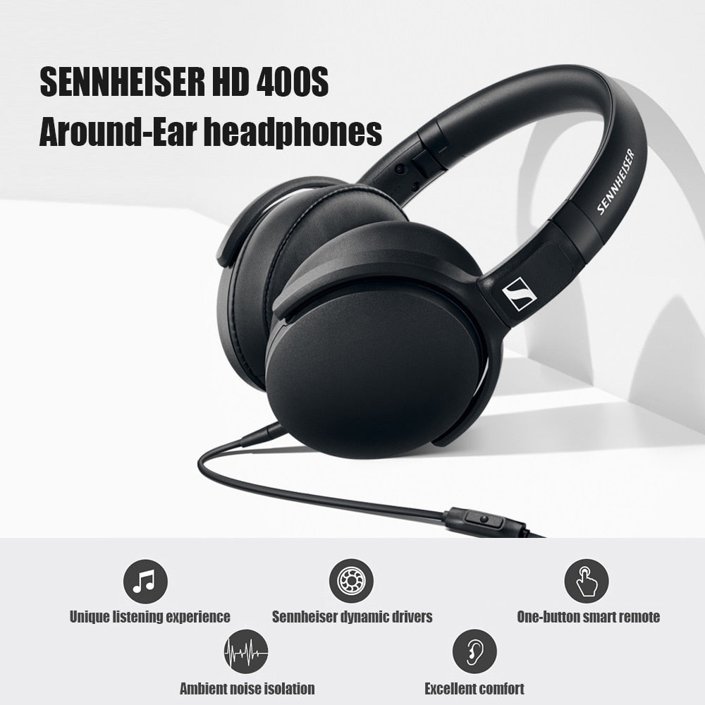 Sennheiser HD 400S Around-Ear Headphones Noise Isolation Earphone Stereo Music Foldable Sport Headset Deep Bass for Mobile Phone.
