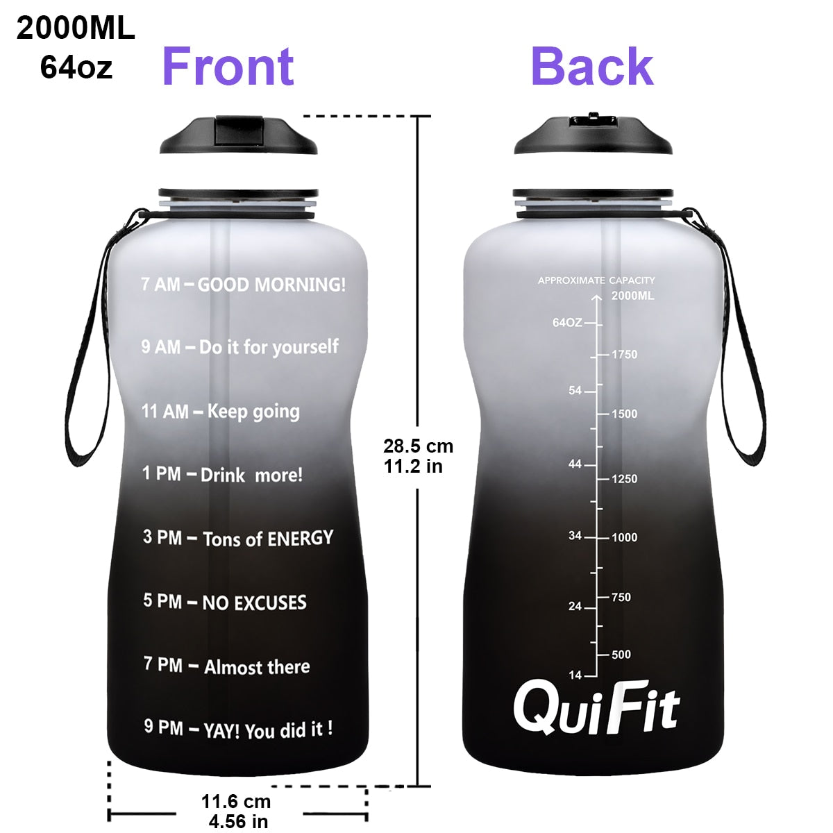 QuiFit 2L 1.3L 64OZ 43oz Tritan Water Bottle With Straw &amp; Time Markings BPA Free Portable Protein Shaker Sports GYM Drinking Jug