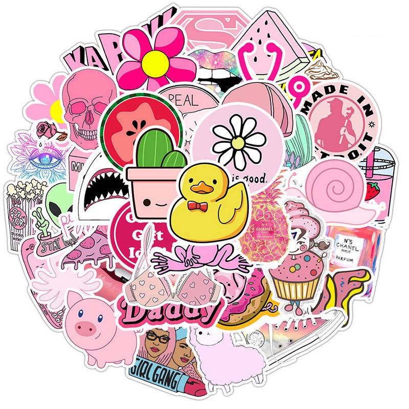 50PCS Cool Summer Vsco Stickers Pack Pink Girl Anime Stiker For Children On The Laptop Fridge Phone Skateboard Suitcase Sticker.