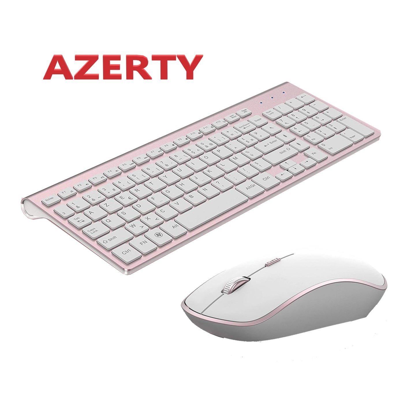French Keyboard Wireless 2400DPI Mouse 2.4Ghz Ultra-Slim AZERTY Keyboard Mouse Set, Portable Silent Ergonomic- Pink/silver