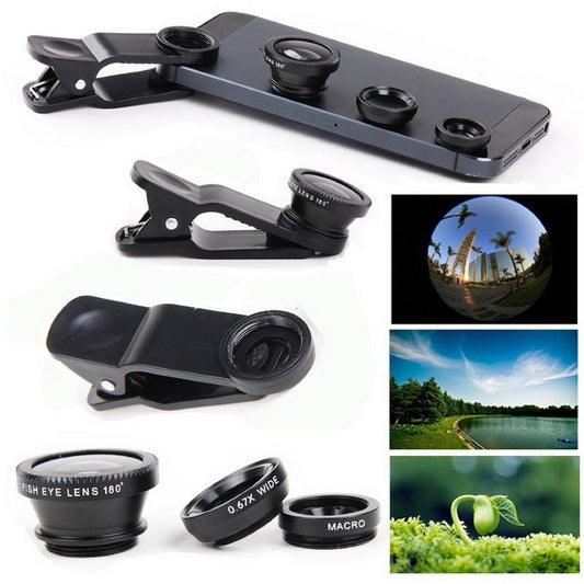 500Pcs 3in1 Clip Universal Mobile Phone Camera Lens Wide Angle+Macro + Fisheye Fish Eye Lens For iPhone 6s 7 8 Plus Samsung DHL.