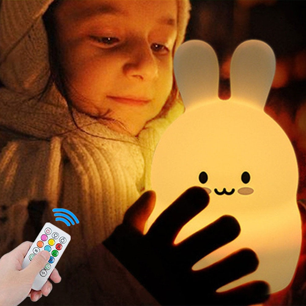 Rabbit LED Night Light Touch Sensor Remote Control 9 Colors Dimmable Timer Rechargeable Silicone Bunny Lamp for Kids Baby Gift.