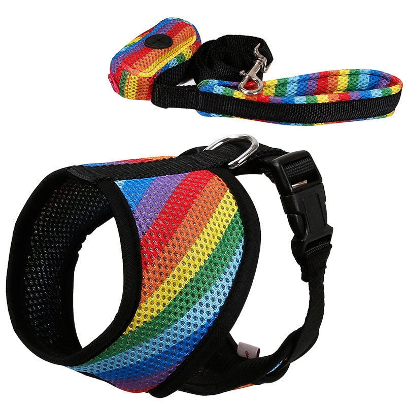 Dog Harness Leash Set with Poop Bag Soft Breathable Rainbow Mesh French Bulldog Vest Adjustable Jogging Pet Leash Harness SP