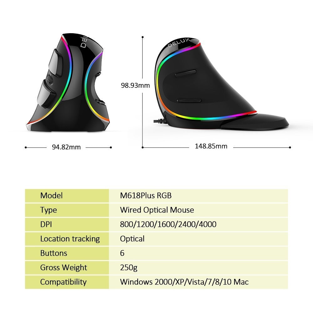 Delux M618Plus RGB Ergonomic Vertical Mouse 6 Buttons 4000 DPI Optical Computer Mouse With Removable Palm Rest For PC Laptop.