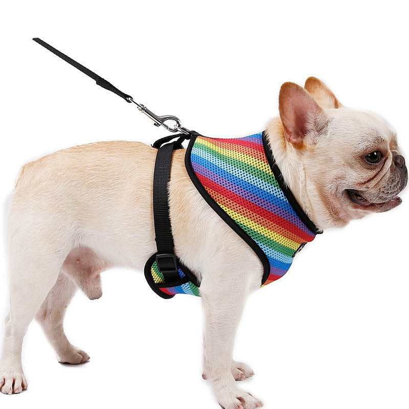 Dog Harness Leash Set with Poop Bag Soft Breathable Rainbow Mesh French Bulldog Vest Adjustable Jogging Pet Leash Harness SP